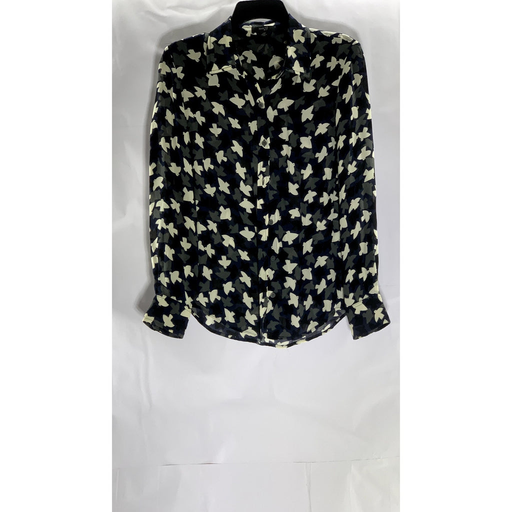 OAK73 Women's Blue/Black/White Bird Print Button-Up Long Sleeve Top SZ M