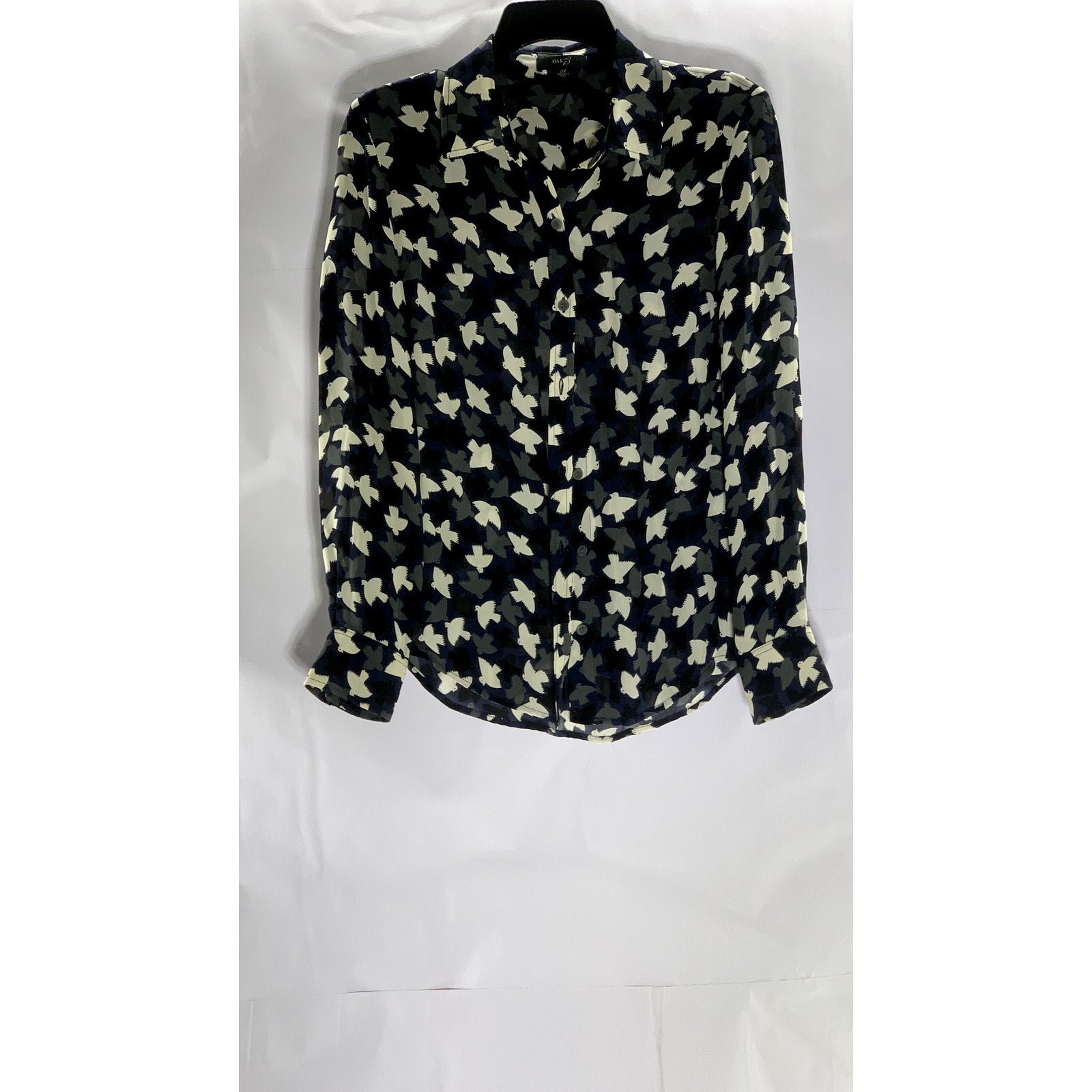OAK73 Women's Blue/Black/White Bird Print Button-Up Long Sleeve Top SZ M