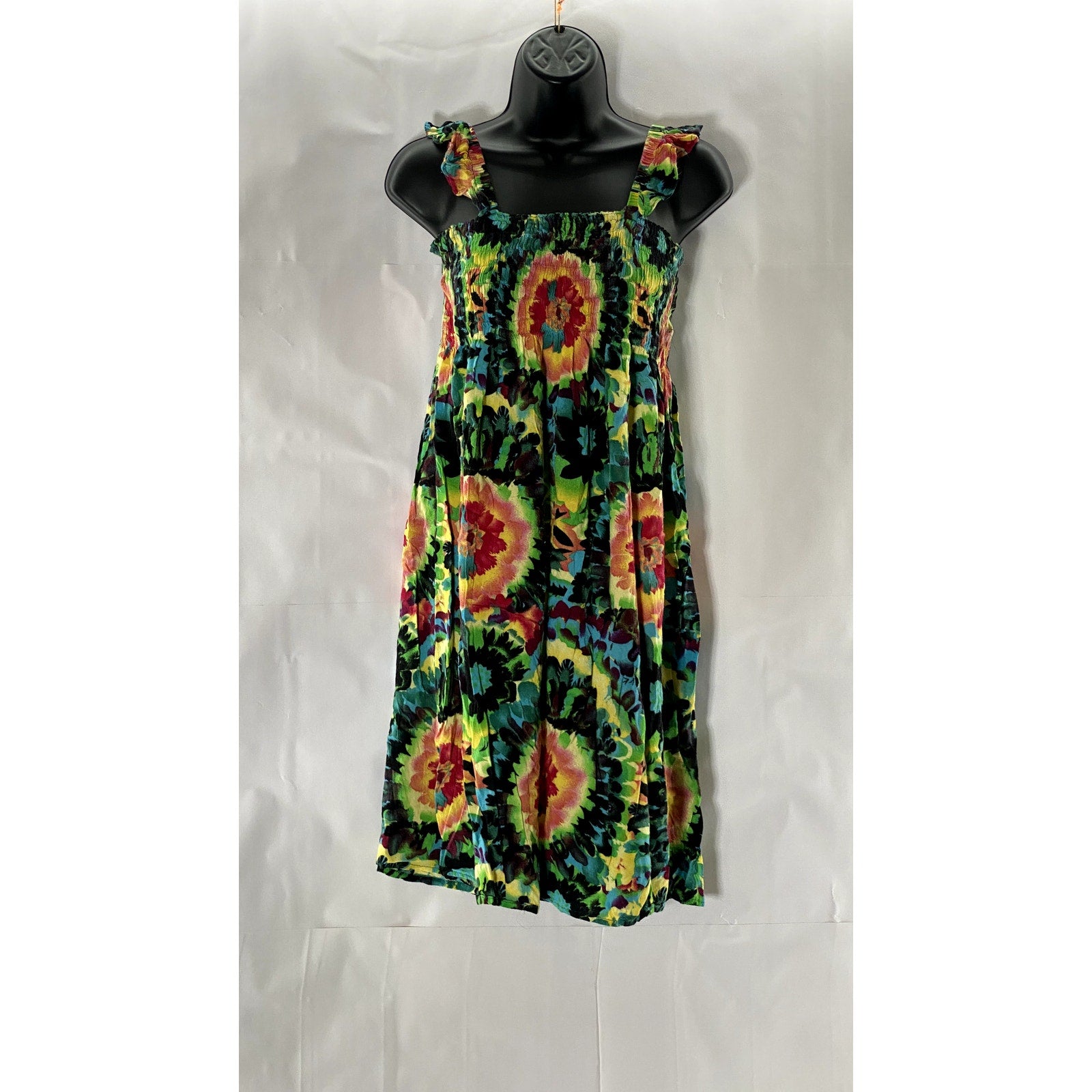 UNBRANDED Women's Green Multicolor Tie-Dye Print Smocked Ruffle Sleeve Dress SZS