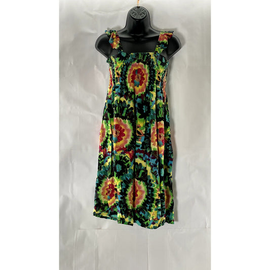 UNBRANDED Women's Green Multicolor Tie-Dye Print Smocked Ruffle Sleeve Dress SZS