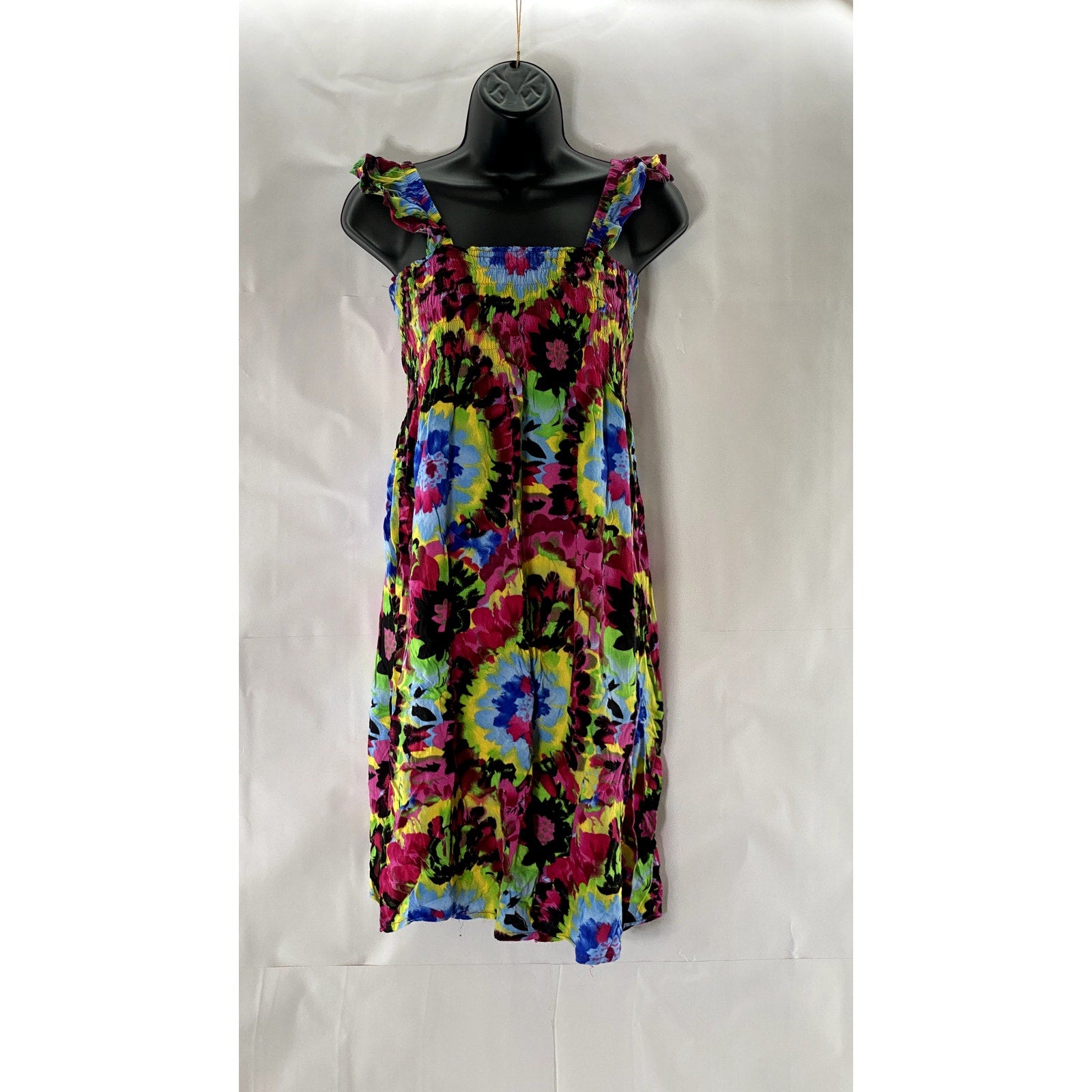 UNBRANDED Women's Multicolor Tie-Dye Print Smocked Ruffle Sleeve Dress SZ S