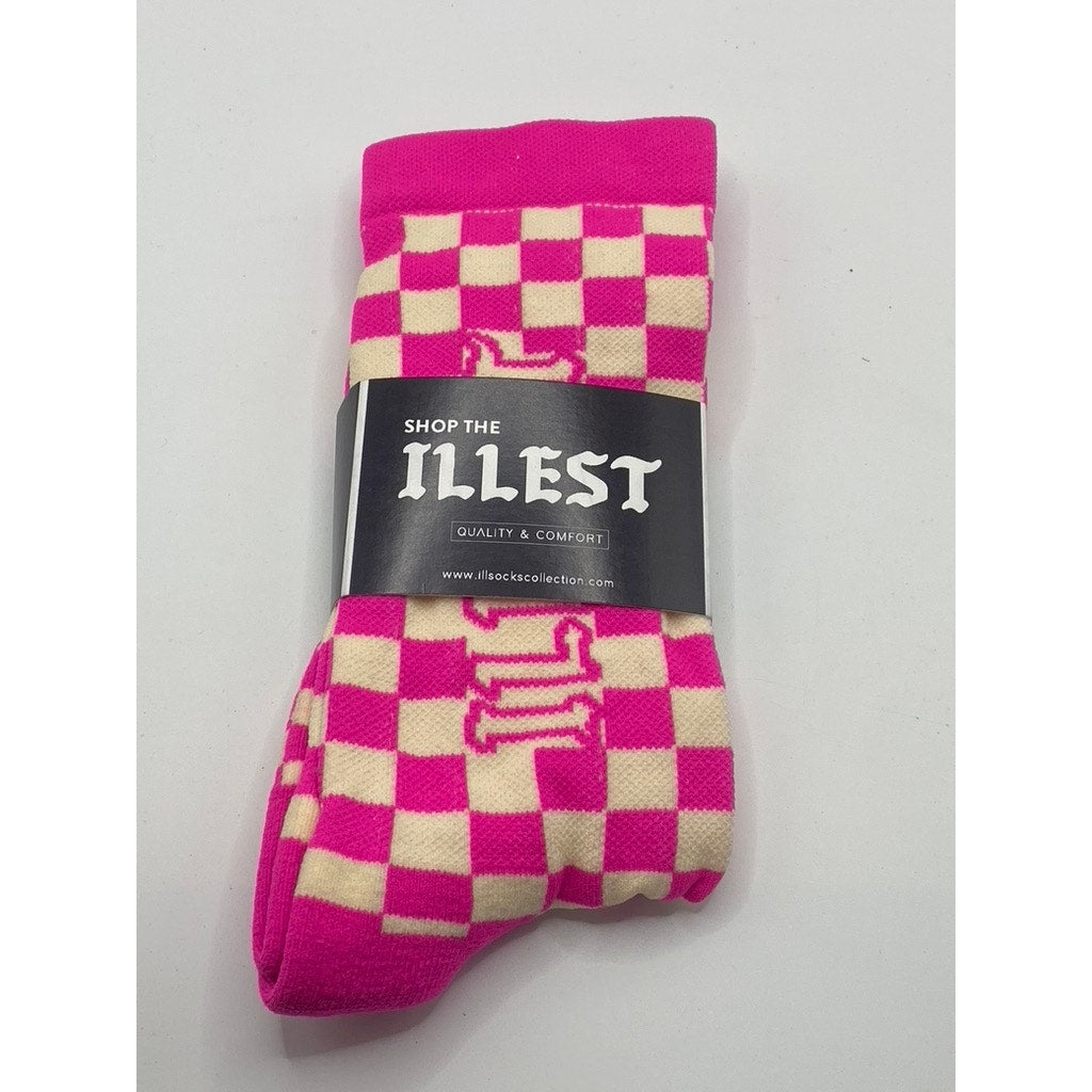 ILLSOCK COLLECTION Unisex Pink-White Checkered Illest Crew Socks SZ W7-13/M6-12