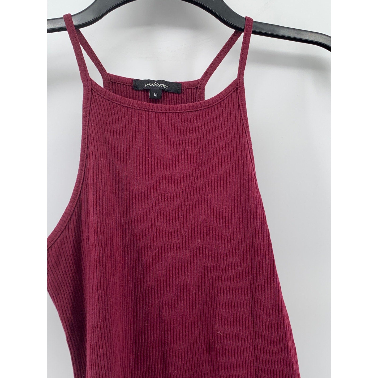 AMBIANCE Women's Burgundy Ribbed High-Neck Halter Sleeveless Top SZ M