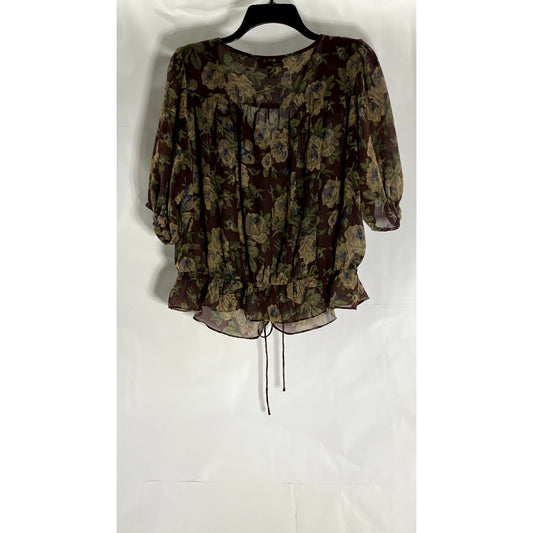 AMERICAN LIVING Women's Brown Floral Short Sleeve Ruffle Drawstring Hem Top SZ L