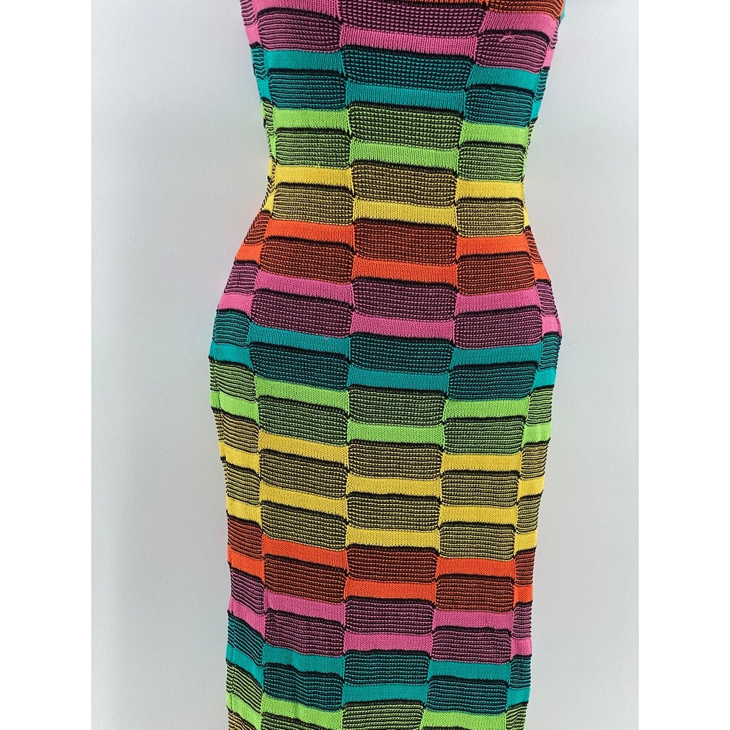 FASHION NOVA Women’s Multicolor Knit Scoop-Neck Side-Slit Maxi Halter Dress SZ S