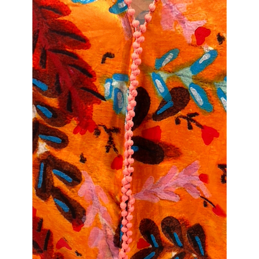 ROEGIE Women's Orange Printed Knit Trim V-Neck Loose-Fit Pullover Dress SZ M