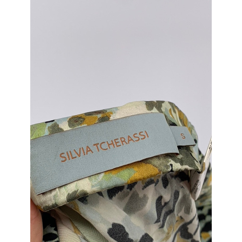 SILVIA TCHERASSI Women's Green Camo Print Silk-Blend Pants SZ S