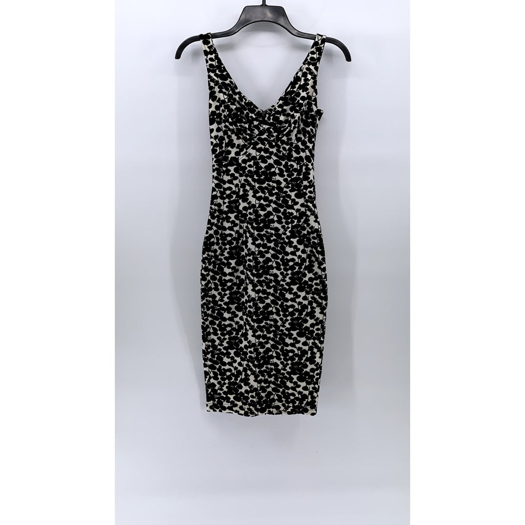 UNBRANDED Women's Black-White Floral V-Neck Sleeveless Bodycon Midi Dress SZ S