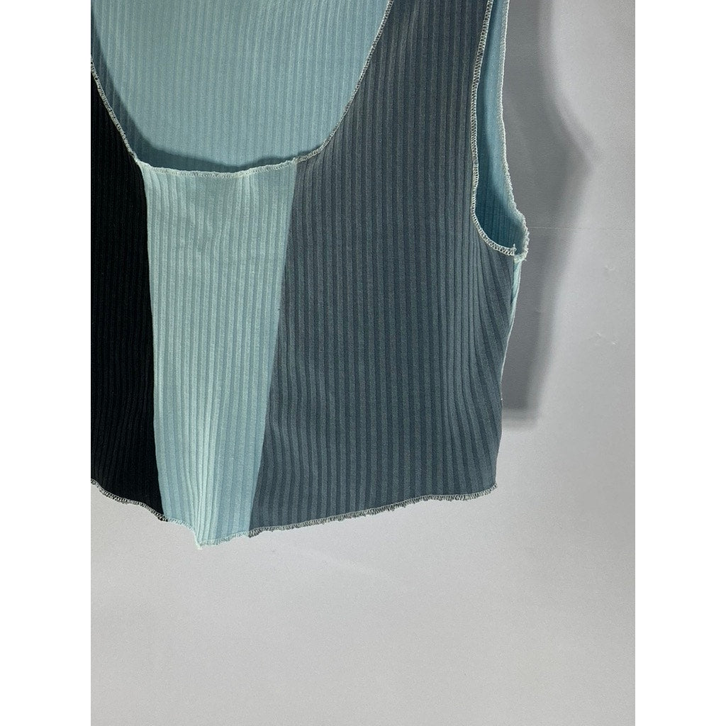 UNBRANDED Women's Blue-Black Colorblock Ribbed Scoop-Neck Crop Tank Top SZ S