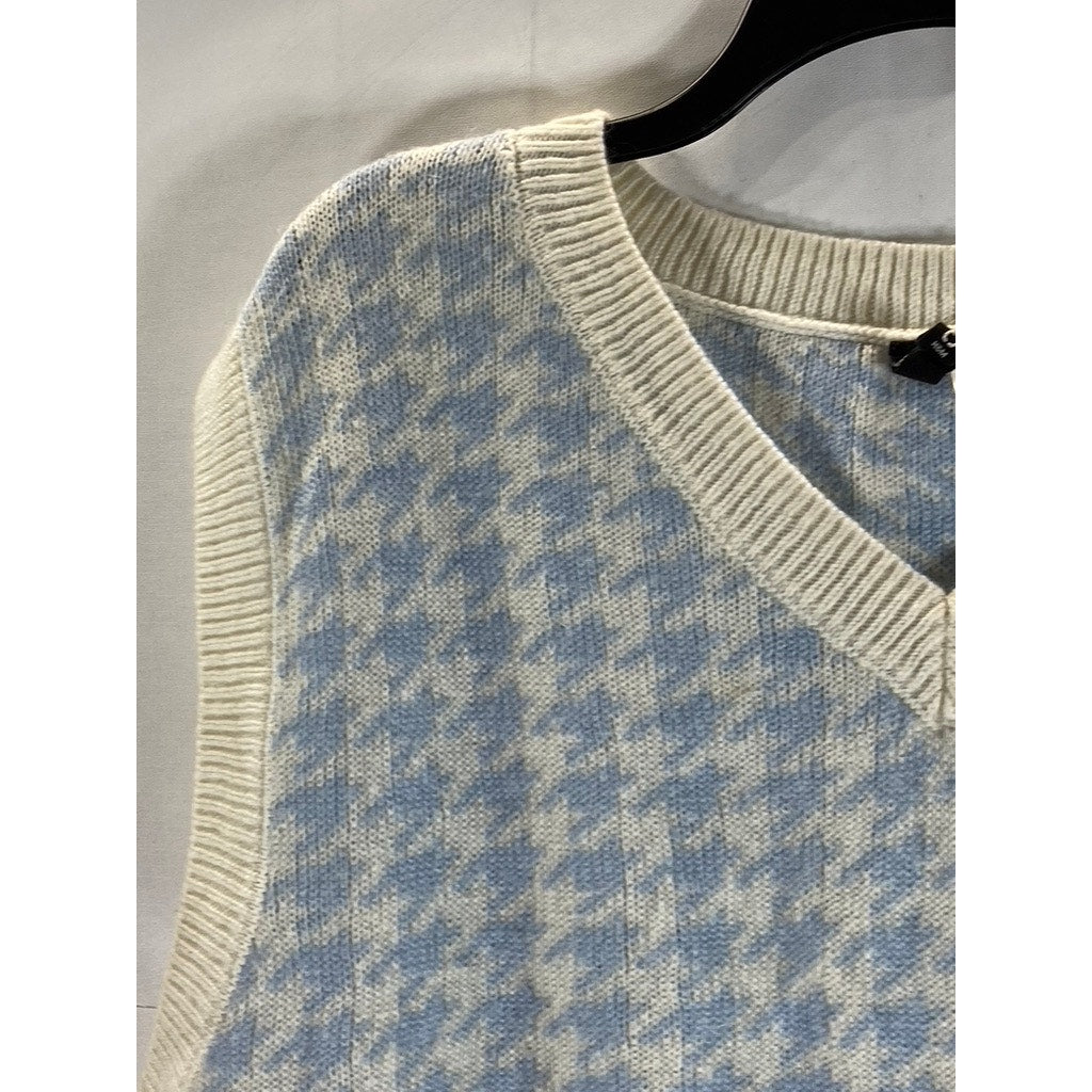 H&M DIVIDED Women's Cream/Blue Houndstooth V-Neck Sweater Vest SZ L