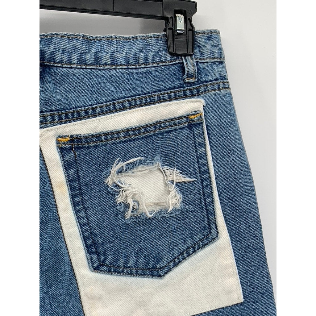 -CIDE Men’s Blue-White Color Block Denim Distressed Straight Leg Jeans SZ 31