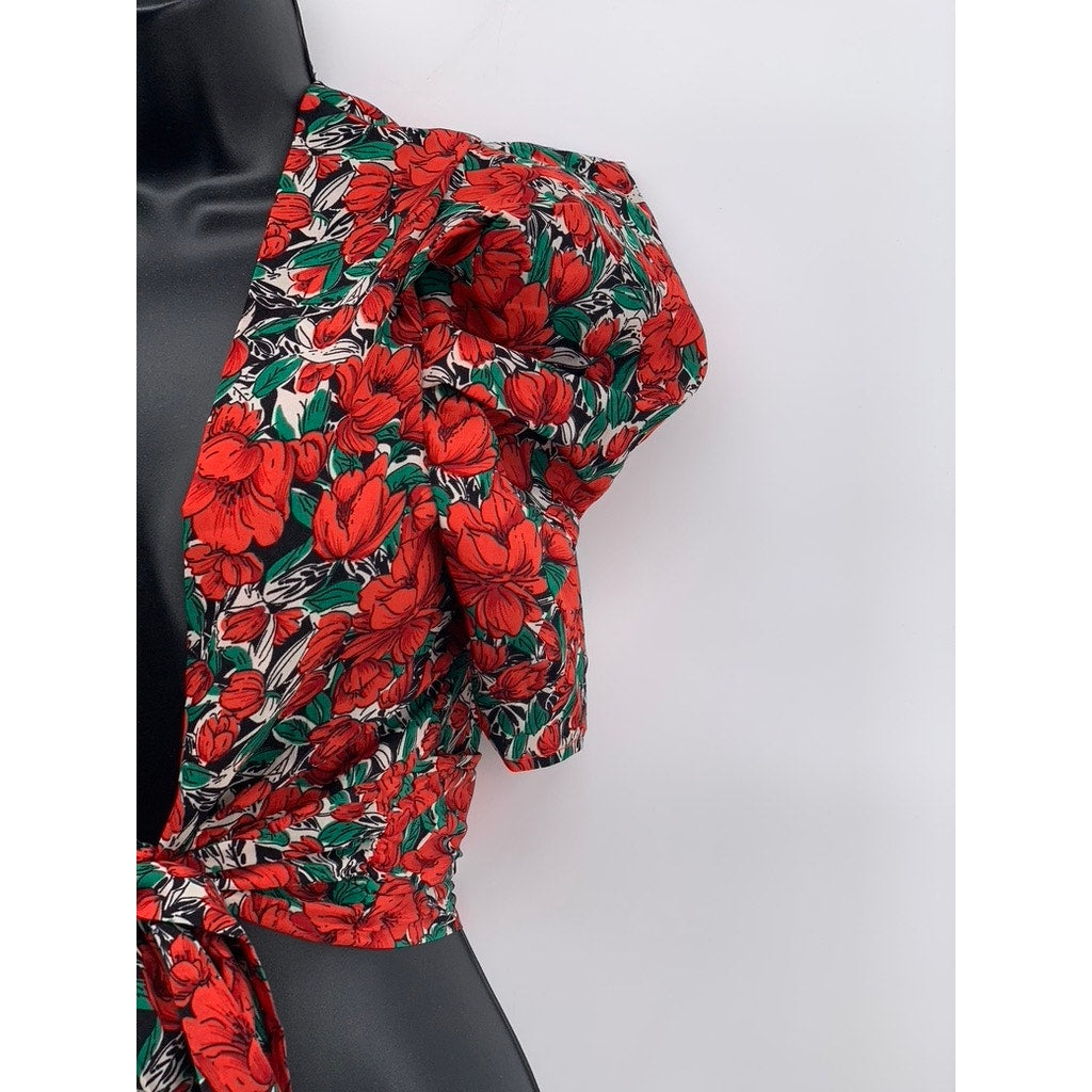 SHEIN Women's Red-Green Floral Short Puff Sleeve Wrap V-Neck Cropped Top SZ 4