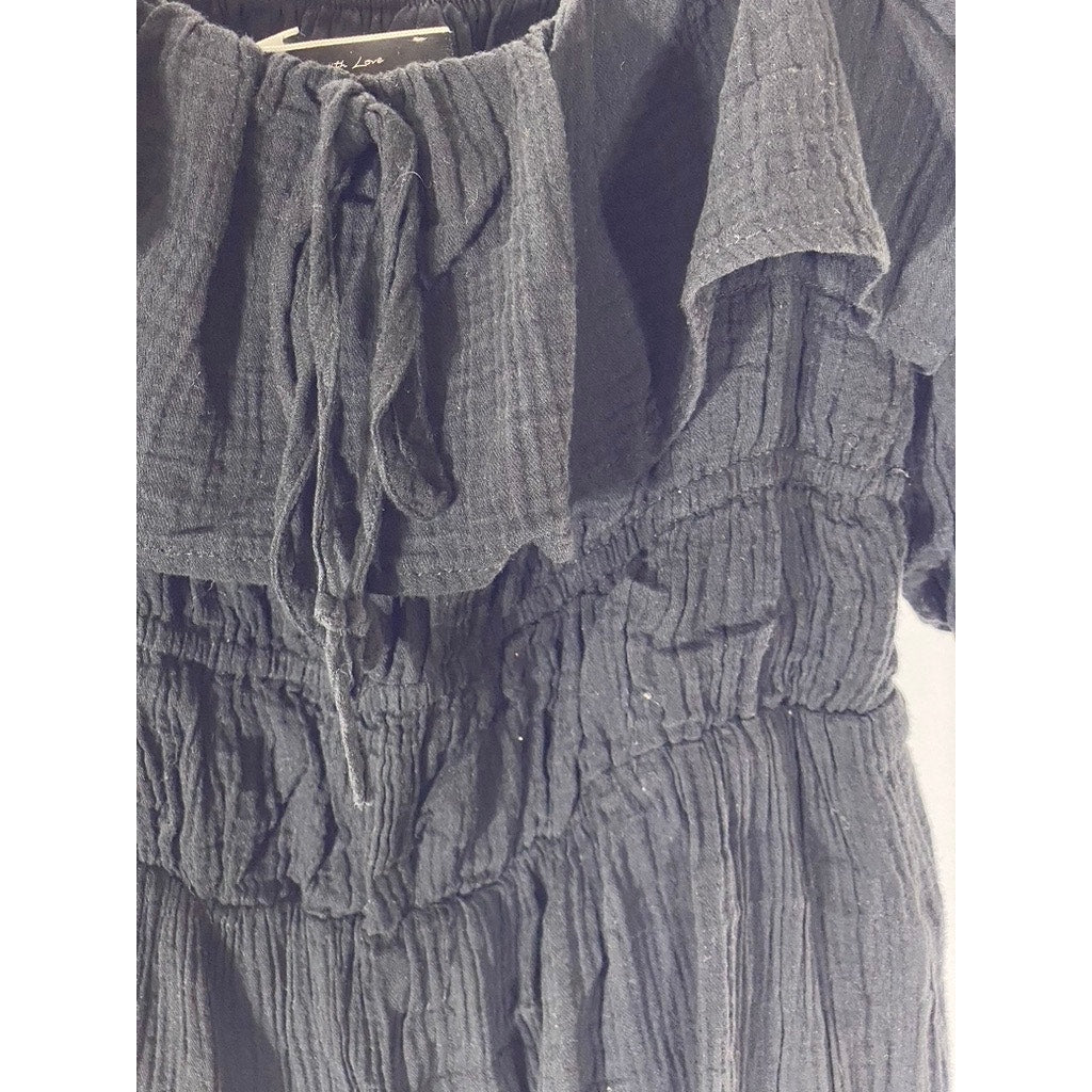 BLUE BLUSH Women's Black Ruffle Smocked Short Elbow Sleeve Midi Dress SZ M