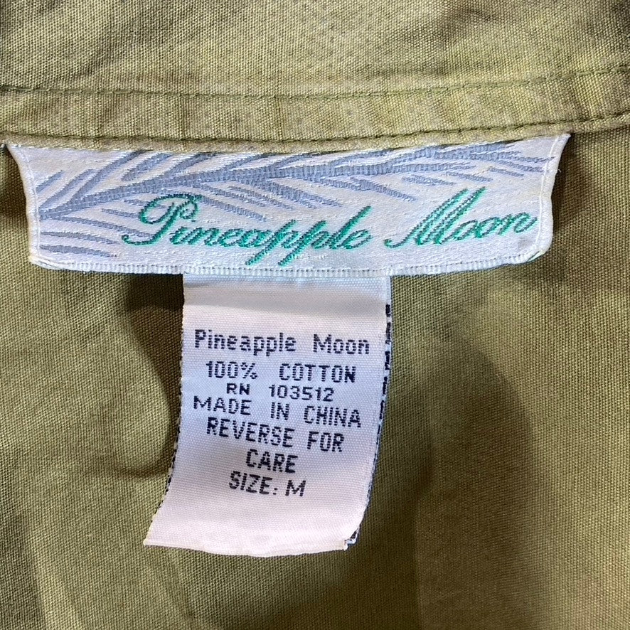 PINEAPPLE MOON Men's Vintage Olive Green Hawaiian Button Down Short SLeeve SZ M
