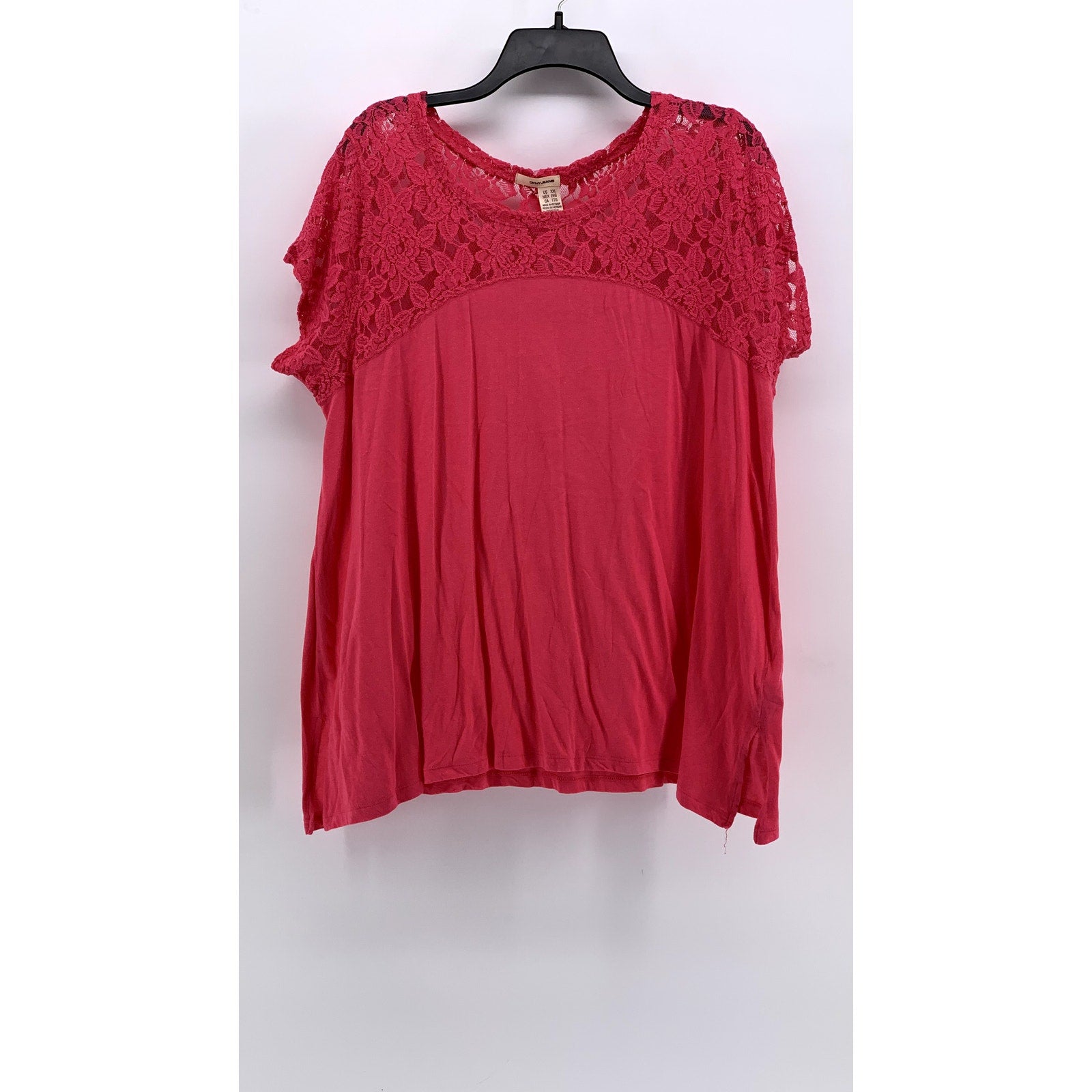 DKNY JEANS Women's Pink Floral Lace Shoulder Short Sleeve Tunic Top SZ 2XL
