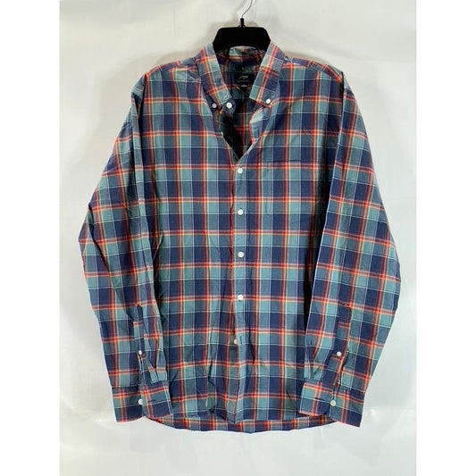 J.CREW Men's Blue/Red Plaid Heathered Cotton Button-Up Long Sleeve Shirt SZ L