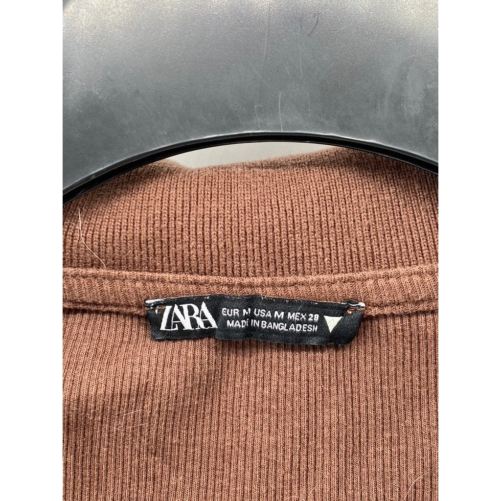ZARA Women's Brown Ribbed Long Sleeve Casual Polo Crop Top SZ M