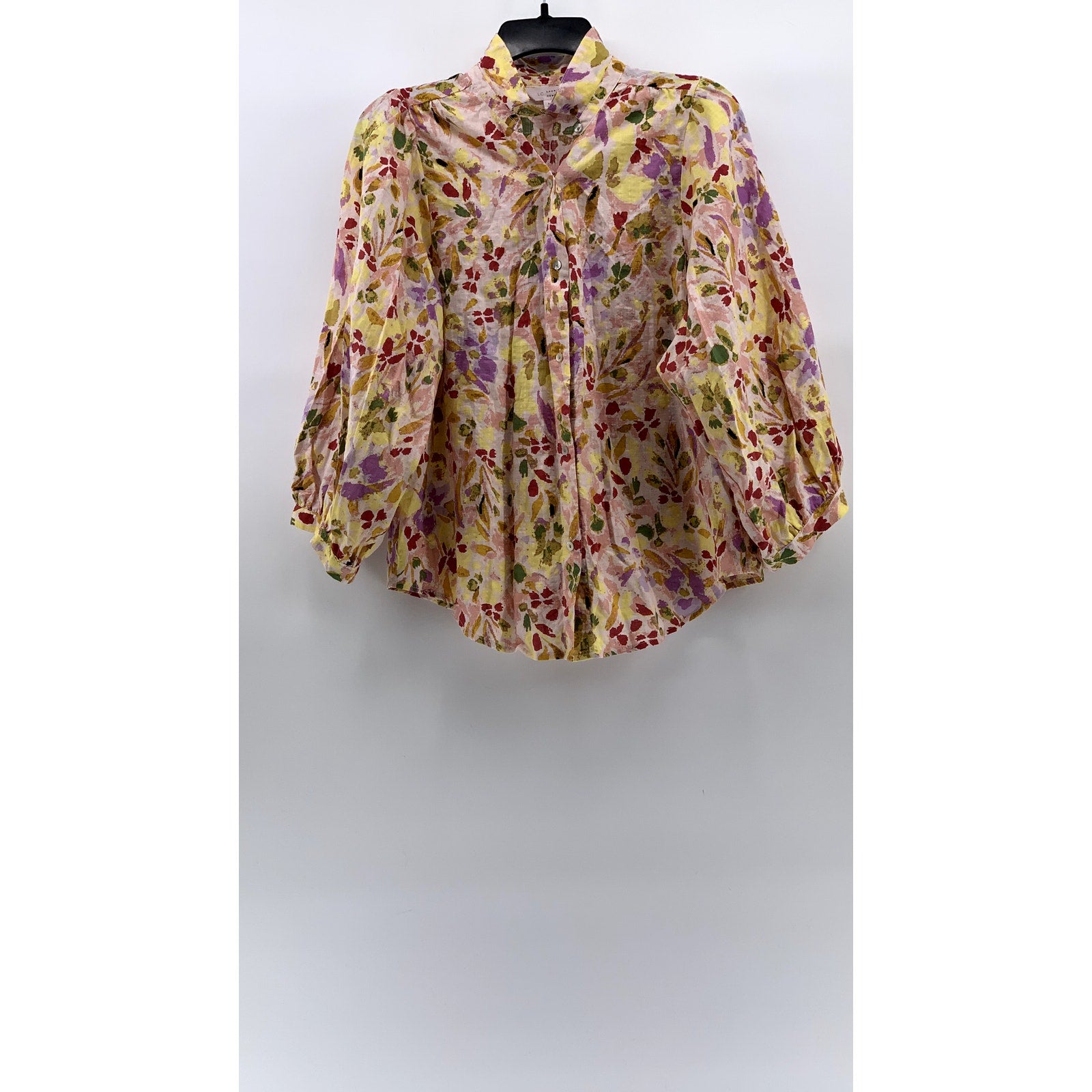 LC LAUREN CONRAD Women's Beige Floral Mock-Neck Button-Up Long Sleeve Top SZ M