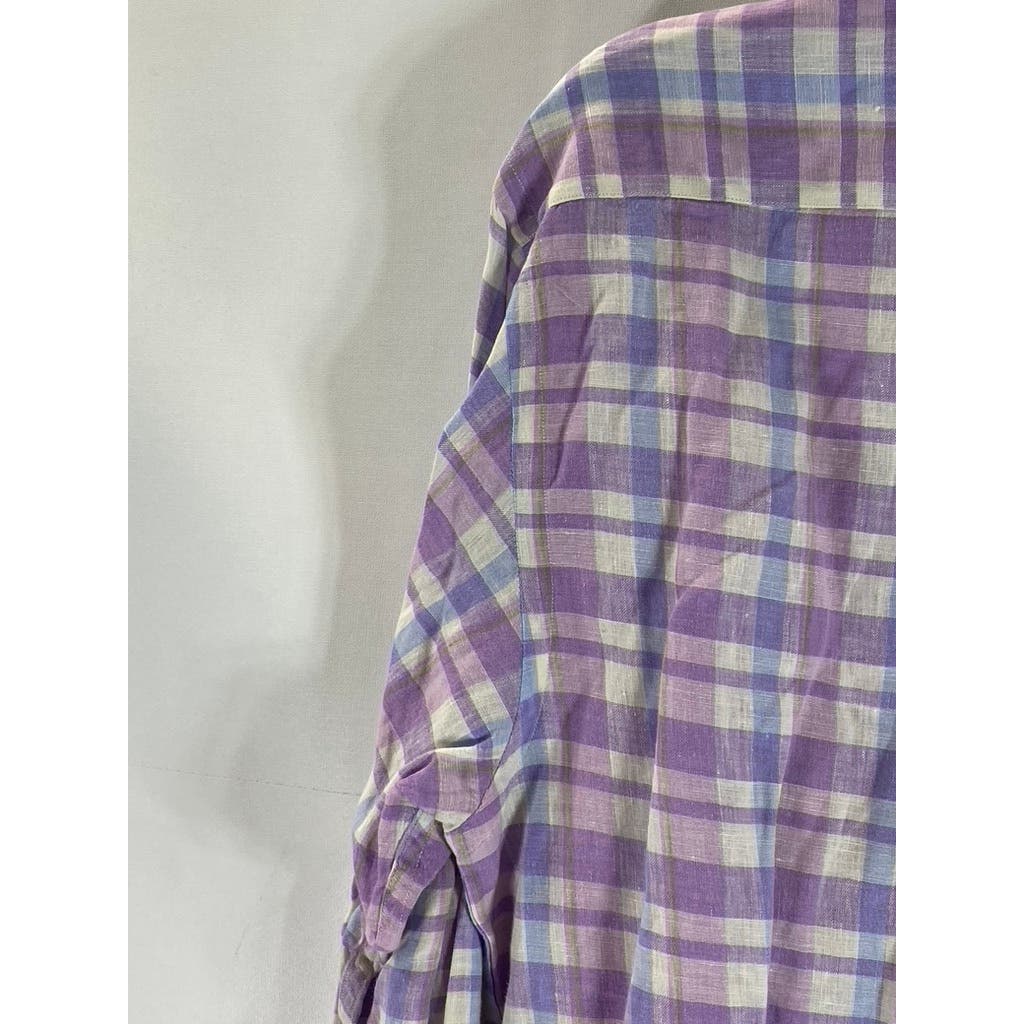 SAKS FIFTH AVENUE Men's Purple/Blue Plaid Linen Button-Up Long Sleeve Shirt SZ M