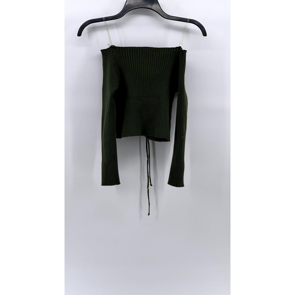 CHOCOLATE USA Women's Green Ribbed Long Sleeve Off-The-Shoulder Lace-Up Top SZML
