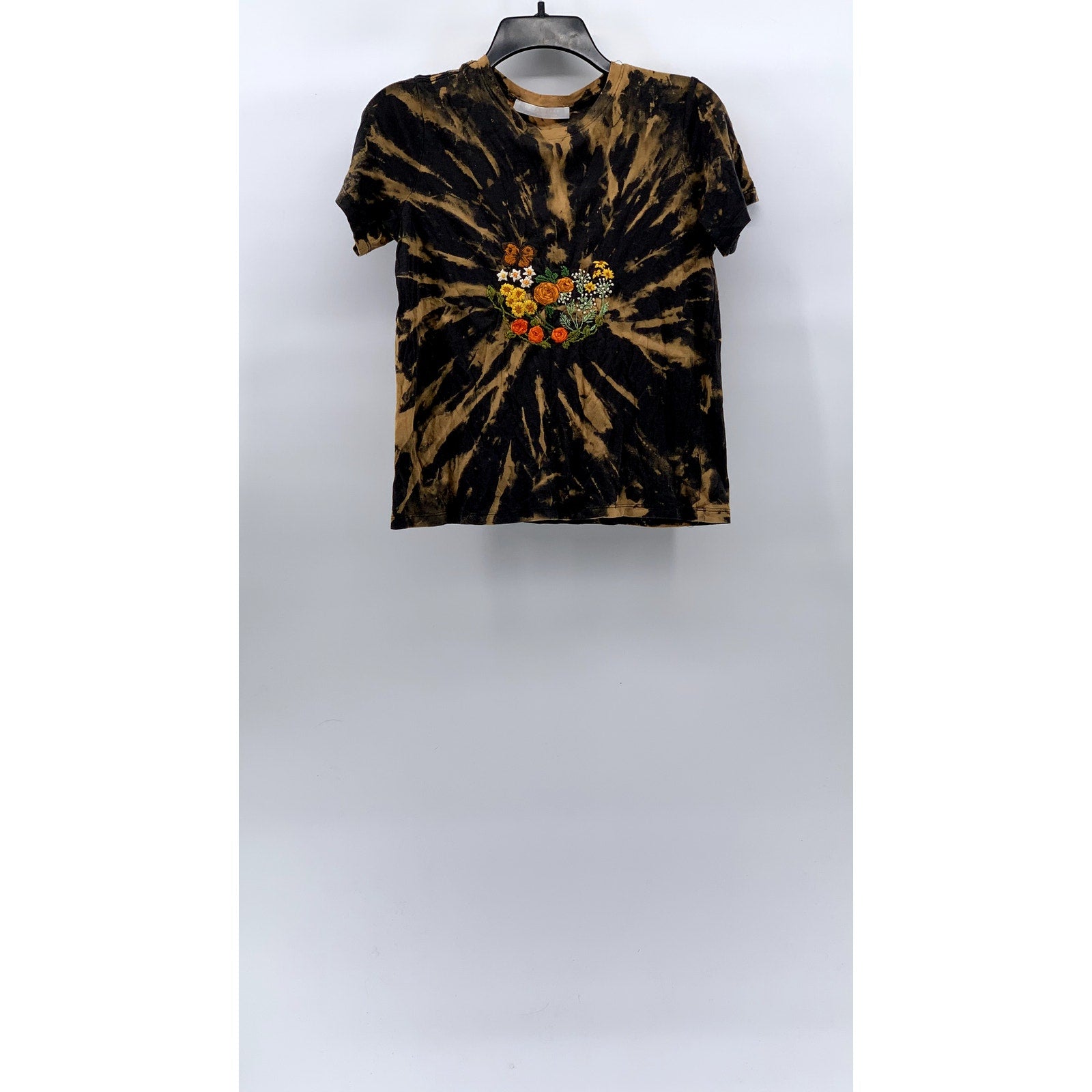 DOUBLE ZERO Women’s Black-Orange Tie-Dye Cluster Embroidered Floral Top SZ S
