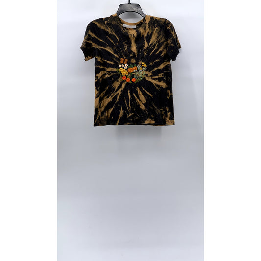 DOUBLE ZERO Women’s Black-Orange Tie-Dye Cluster Embroidered Floral Top SZ S