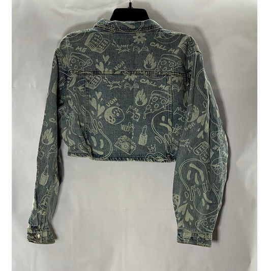 EDIKTED Women's Blue Malia Print Denim Long Sleeve Button-Up Cropped Jacket SZXS