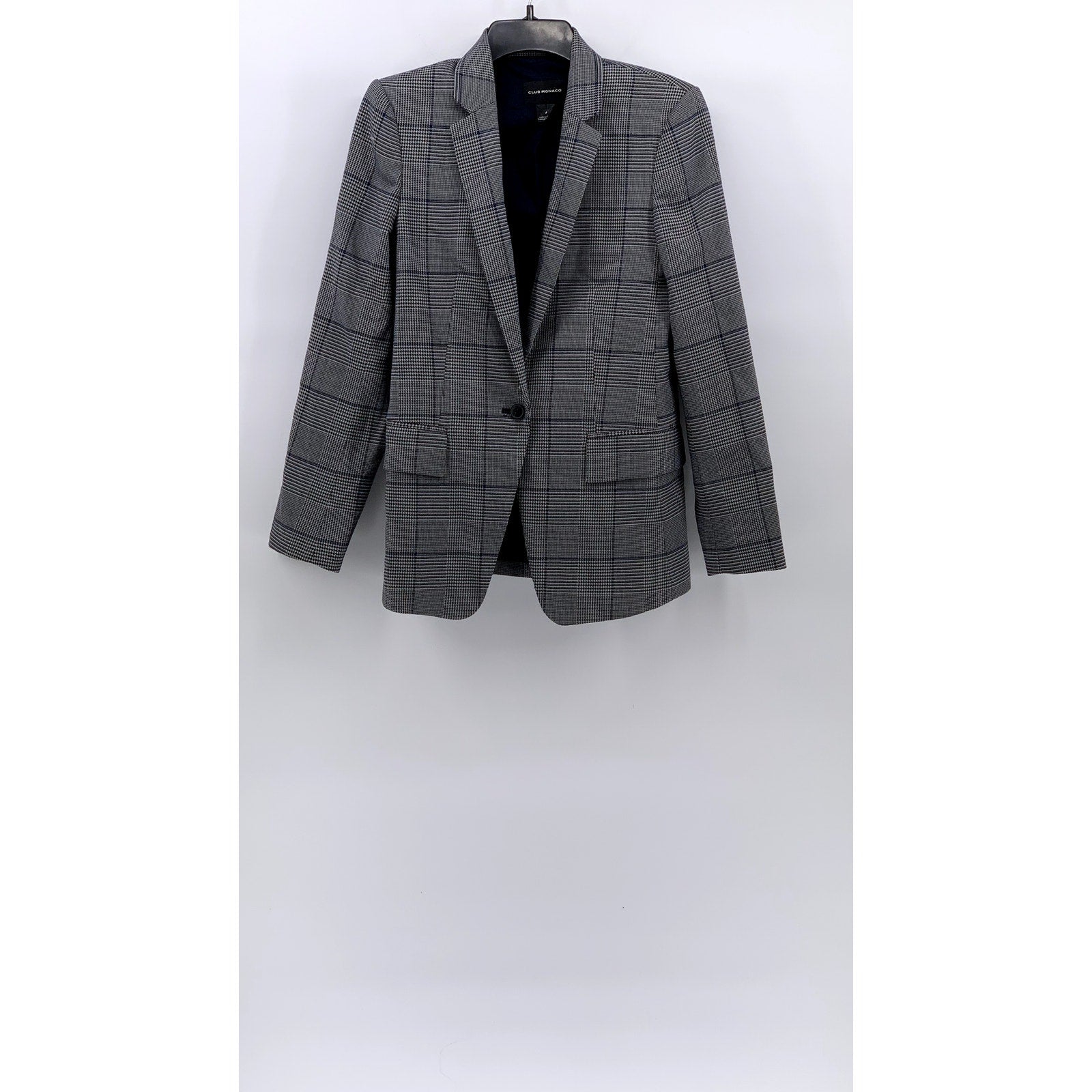 CLUB MONACO Women's Gray-Blue Houndstooth Plaid Print Single-Button Blazer SZ 4