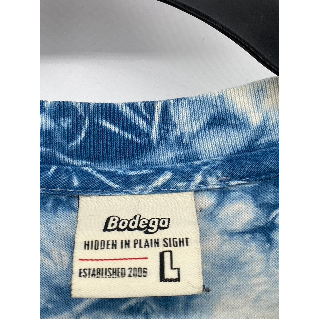 BODEGA Men's Blue-White Tie-Dye Graphic Logo Crewneck Long Sleeve T-Shirt SZ L