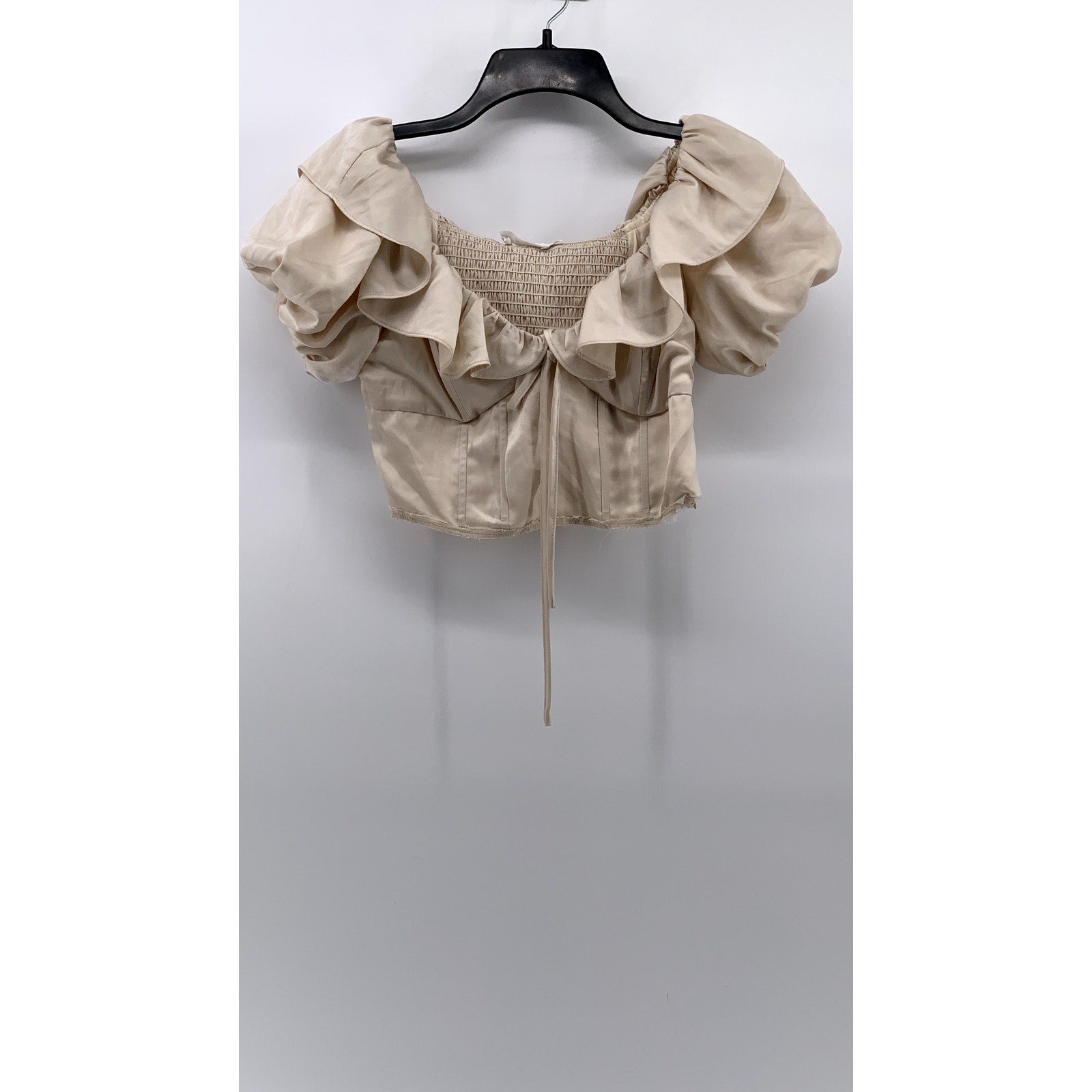 ASTR THE LABEL Women's Beige Satin Ruffle Crop Top SZ S