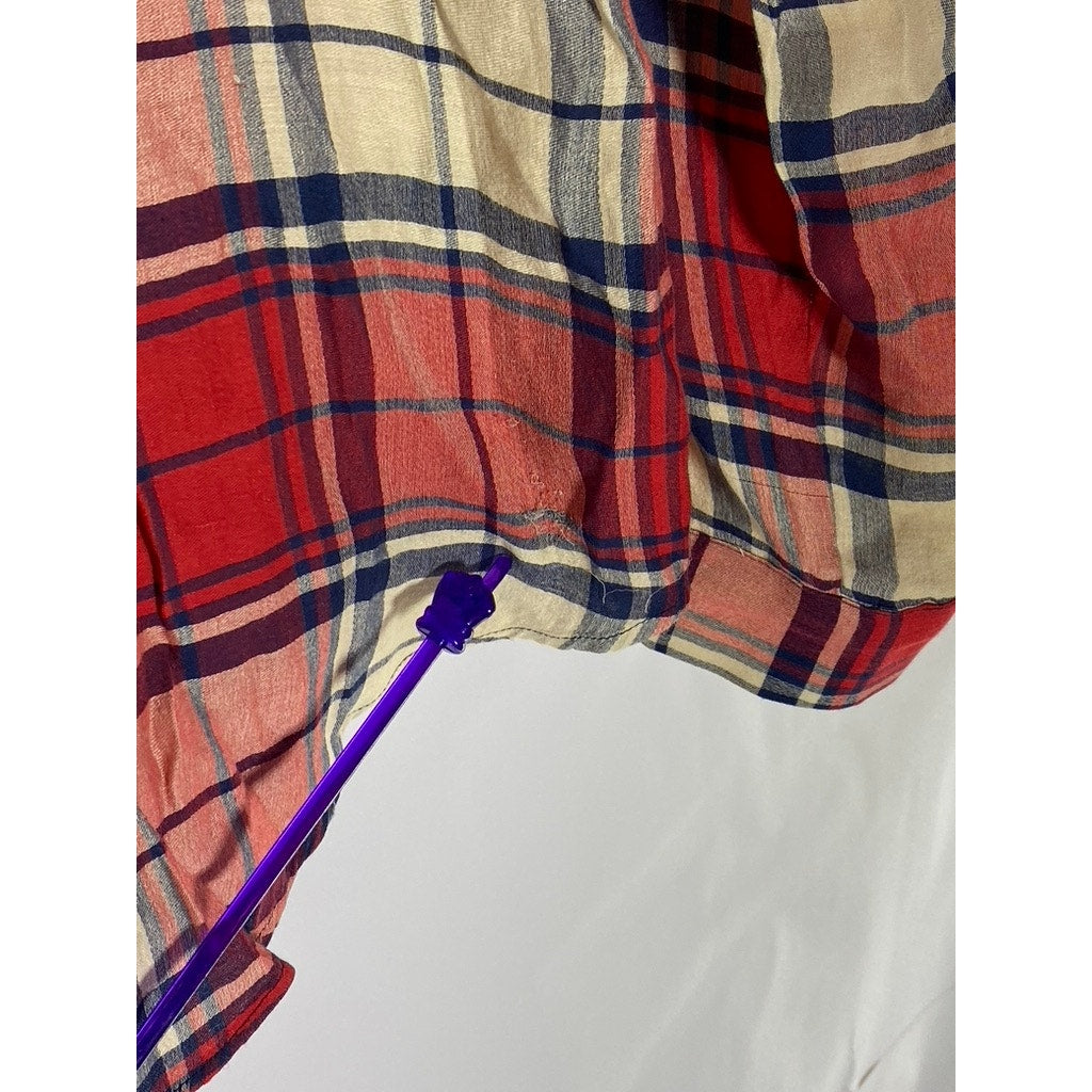ZARA BASIC Women’s Red Plaid Regular-Fit Button-Up Long Sleeve Top SZ L