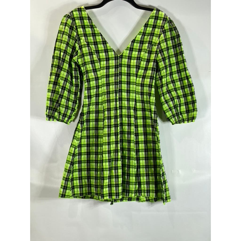 CIDER Women's Black/Green Neon Plaid V-Neck Long Sleeve Mini Dress SZ S(US4)