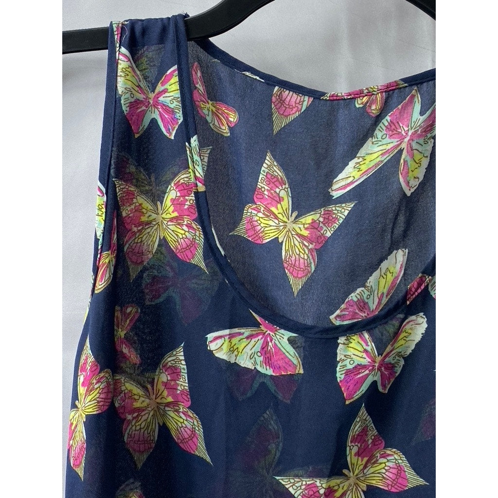 UNBRANDED Women’s Navy Sheer Scoop-Neck Butterfly Print Sleeveless Tank Top SZ S