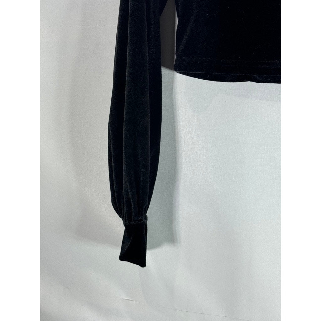 CIDER Women's Black Velvet Ruffle V-Neck Long Sleeve Crop Top SZ M(US 6)