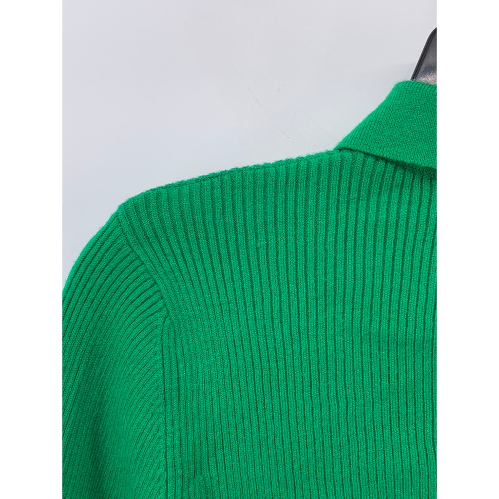 TWIN Women's Dark Green Ribbed Button-Up Long Sleeve Cropped Top SZ M