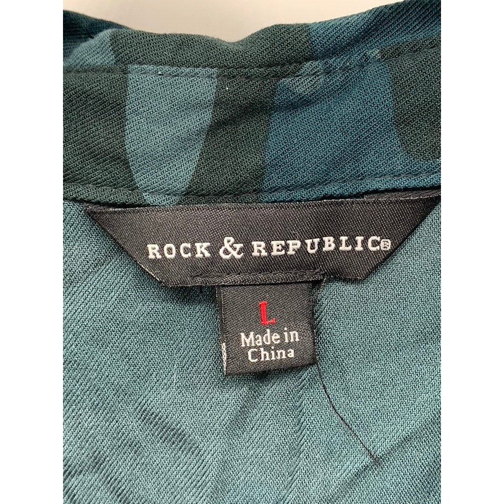 ROCK & REPUBLIC Women's Blue Camo Long Sleeve Cold-Shoulder Button-Up Top SZ L