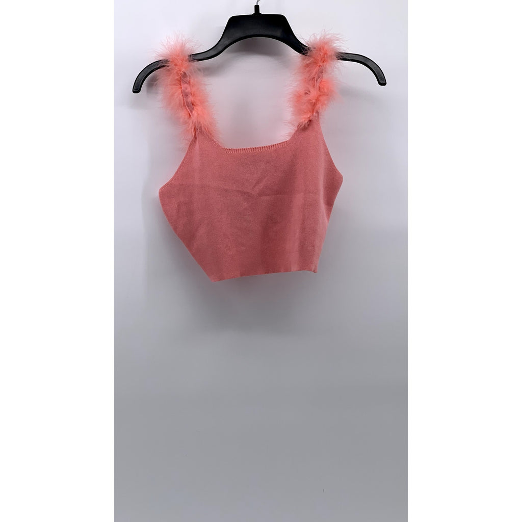 CIDER Women's Light Pink Fuzzy Strap Square-Neck Cropped Tank Top SZ L(8)