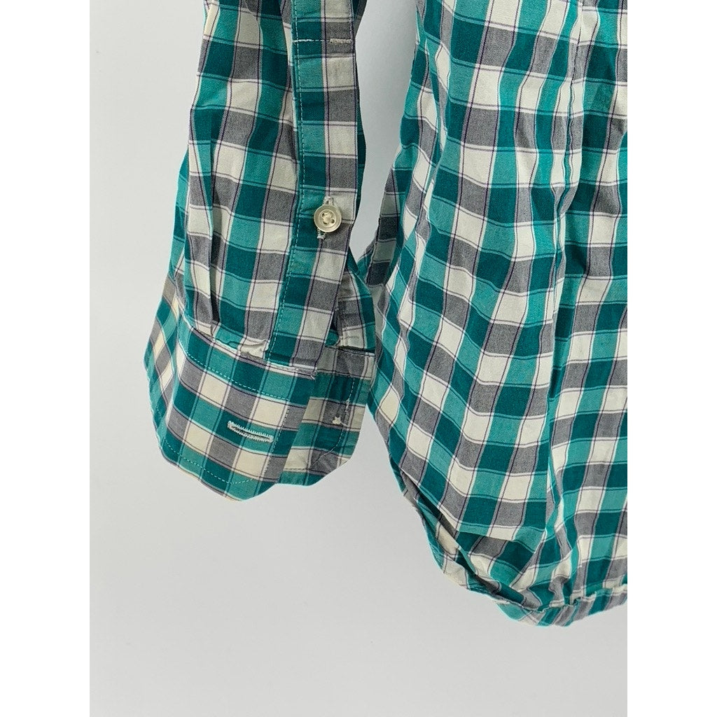 EXPRESS Men's Teal-White Plaid Extra Slim-Fit Button-Up Long Sleeve Shirt SZ M