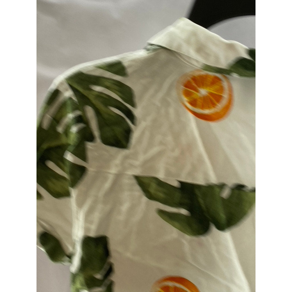 FOREVER 21 Women's Off-White Tropical Button-Up Pocket Short Sleeve Top SZ S