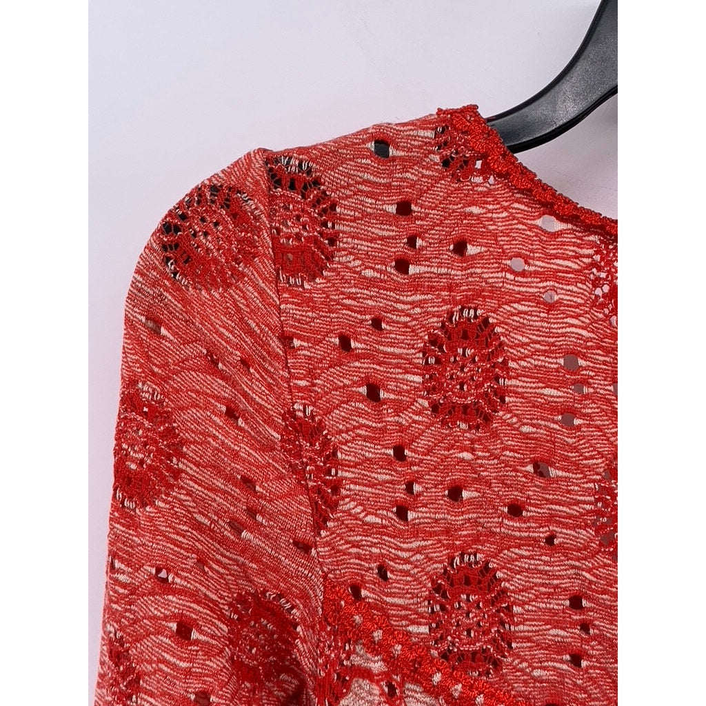 FREE PEOPLE Women's Red-Beige Floral Lace Long Sleeve Scoop-Neck Mini Dress SZXS