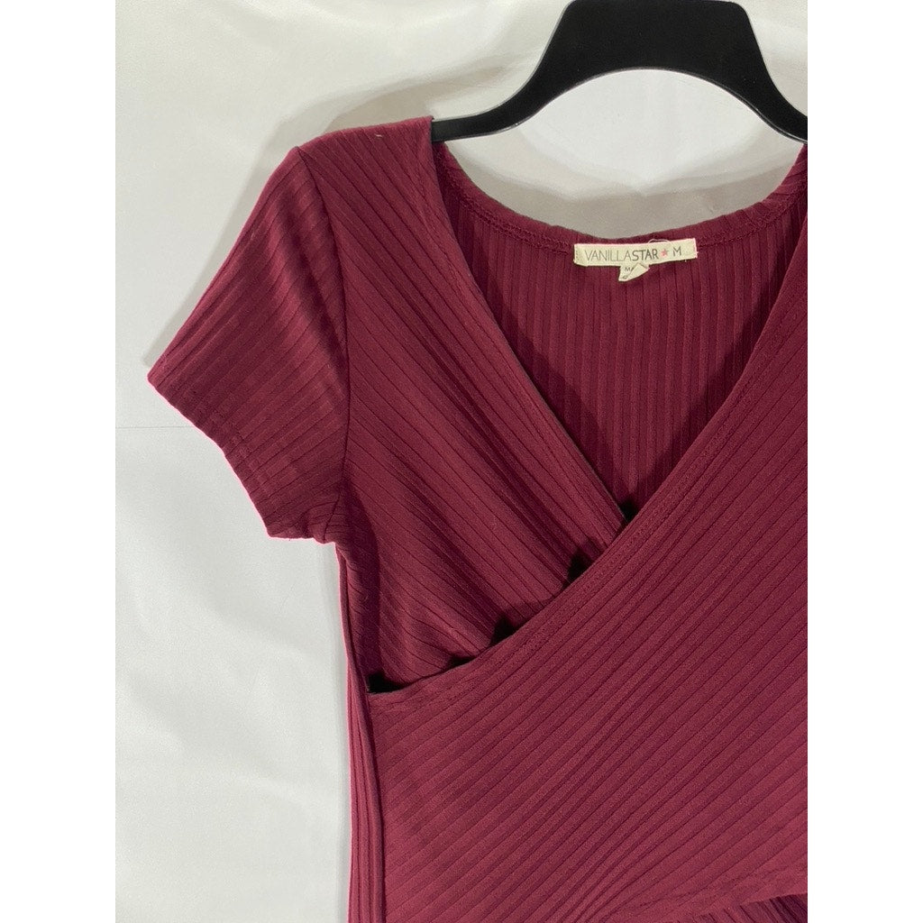 VANILLA STAR Women's Burgundy Ribbed Short Sleeve Wrap Top SZ M