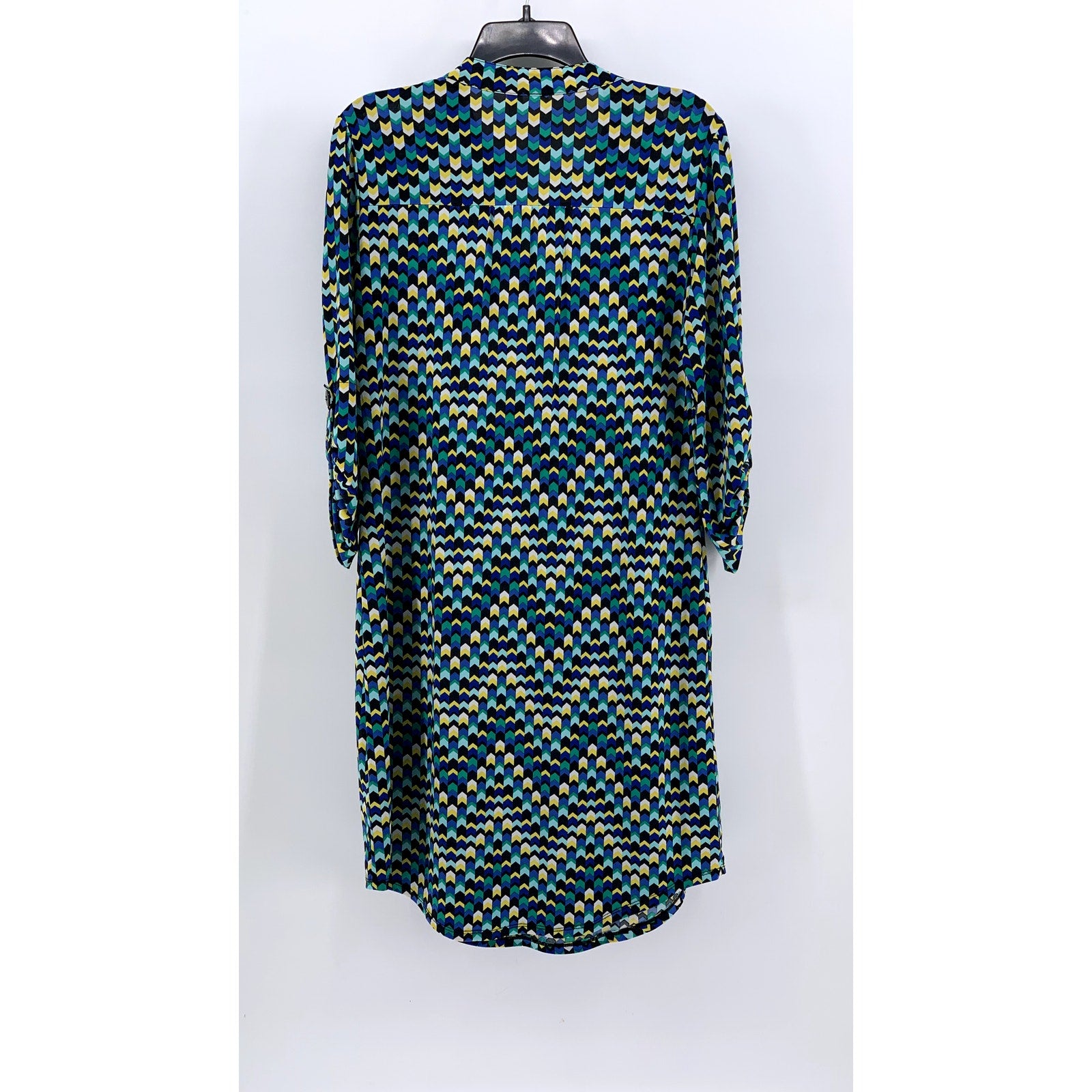 TACERA Women's Blue-Green-Yellow Printed Button-Front Long Sleeve Dress SZ M