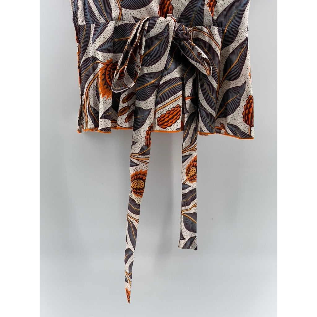 UNBRANDED Women's Brown Floral Print V-Neck Faux-Wrap Short Sleeve Top SZ S