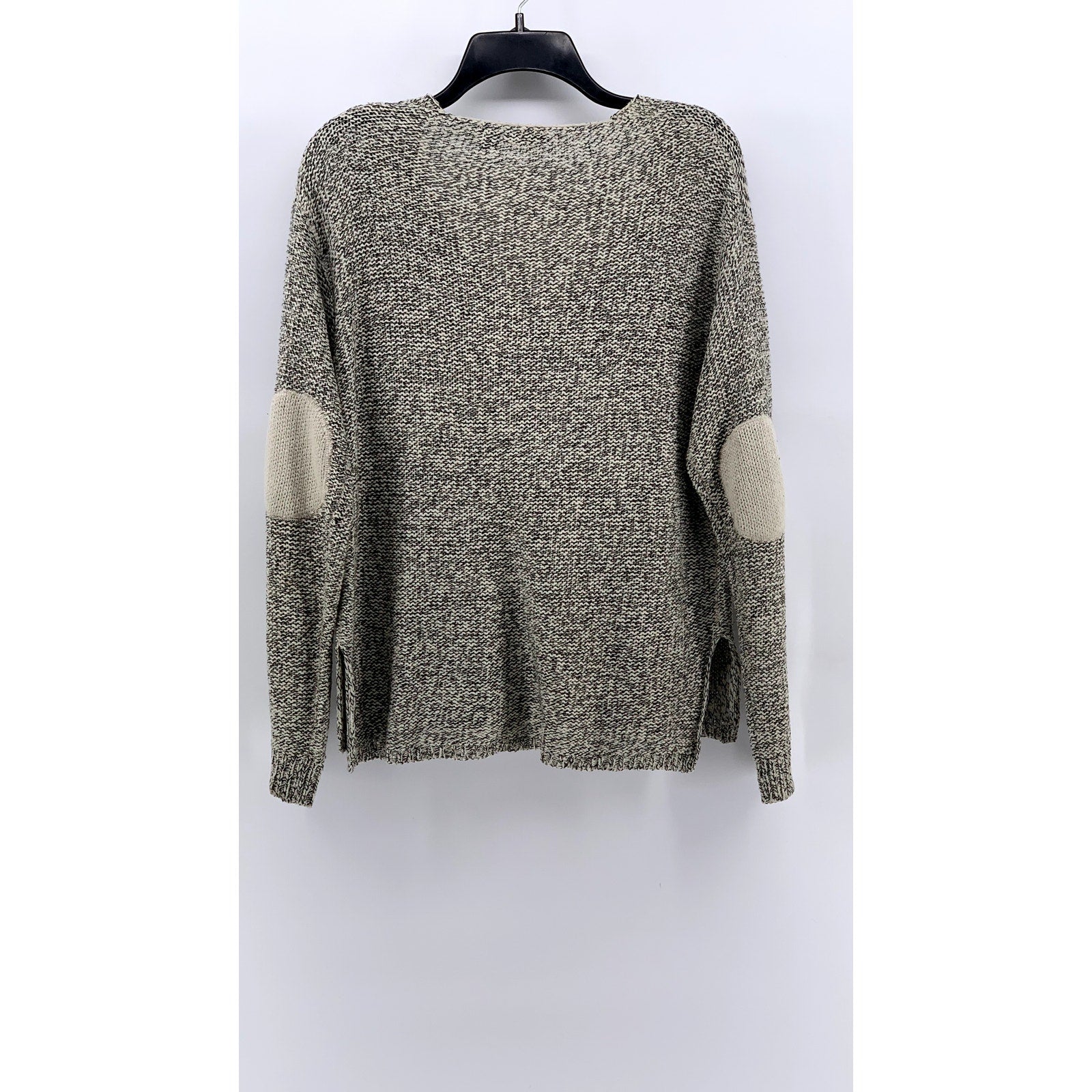 RDI Women's Beige-Black Marled V-Neck Elbow Patch Sweater SZ L