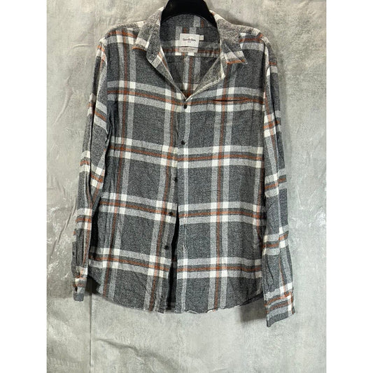 GOODFELLOW & CO Men's Grey/Orange Standard Fit Button-Up Flannel Shirt SZ L