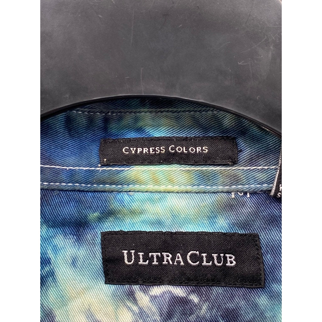 ULTRA CLUB Men's Blue Tie-Dye Regular-Fit Button-Up Long Sleeve Shirt SZ XL