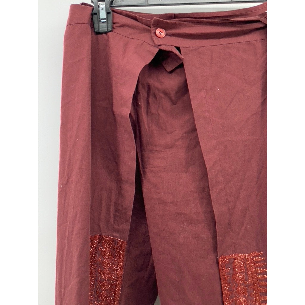 H&M Women's Burgundy Glitter Embroidered Trim Wrap Side Slit Pants 4