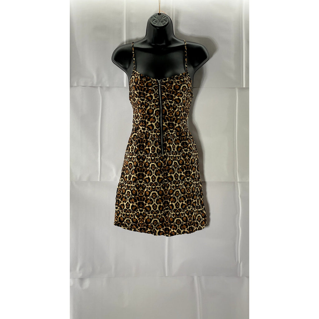 DIVIDED By H&M Women's Brown Leopard Print Front-Zip Adjustable Strap Dress SZ 6