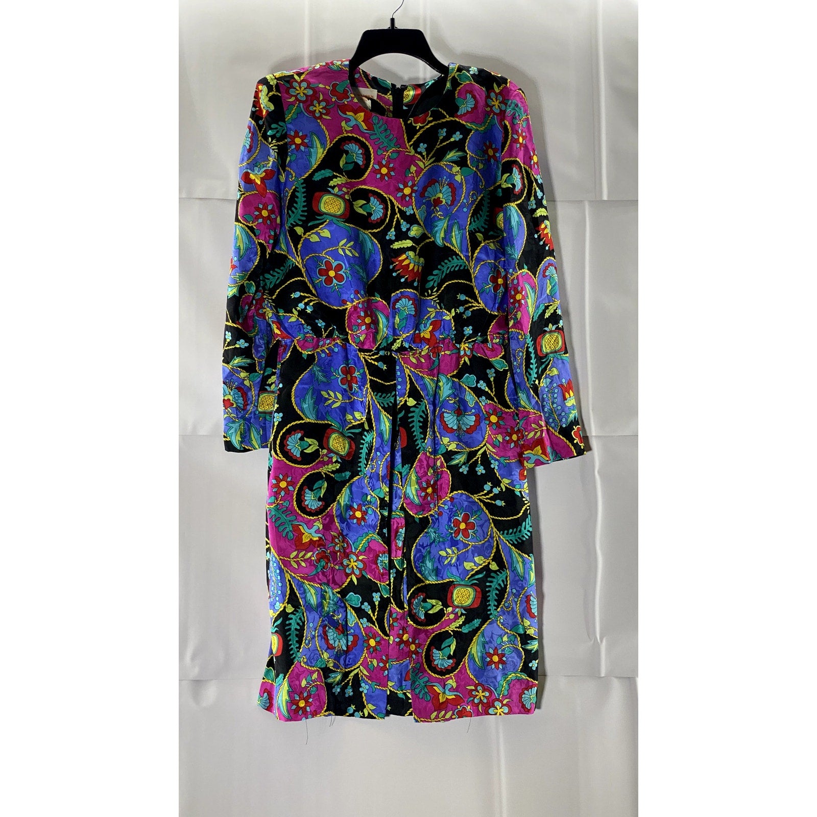 DAVID WARREN Multicolor Printed Crewneck Long-Sleeve Vintage 80's Dress SZ 12
