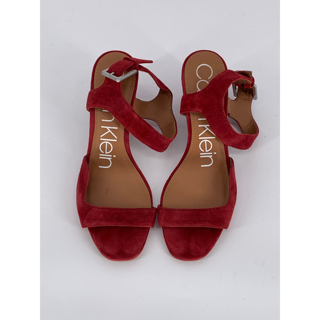CALVIN KLEIN Women's Red Faux-Suede Open Toe Block-Heel Ankle Strap Sandals SZ 7